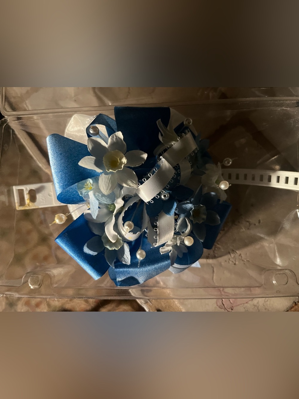 Blue floral wrist corsage